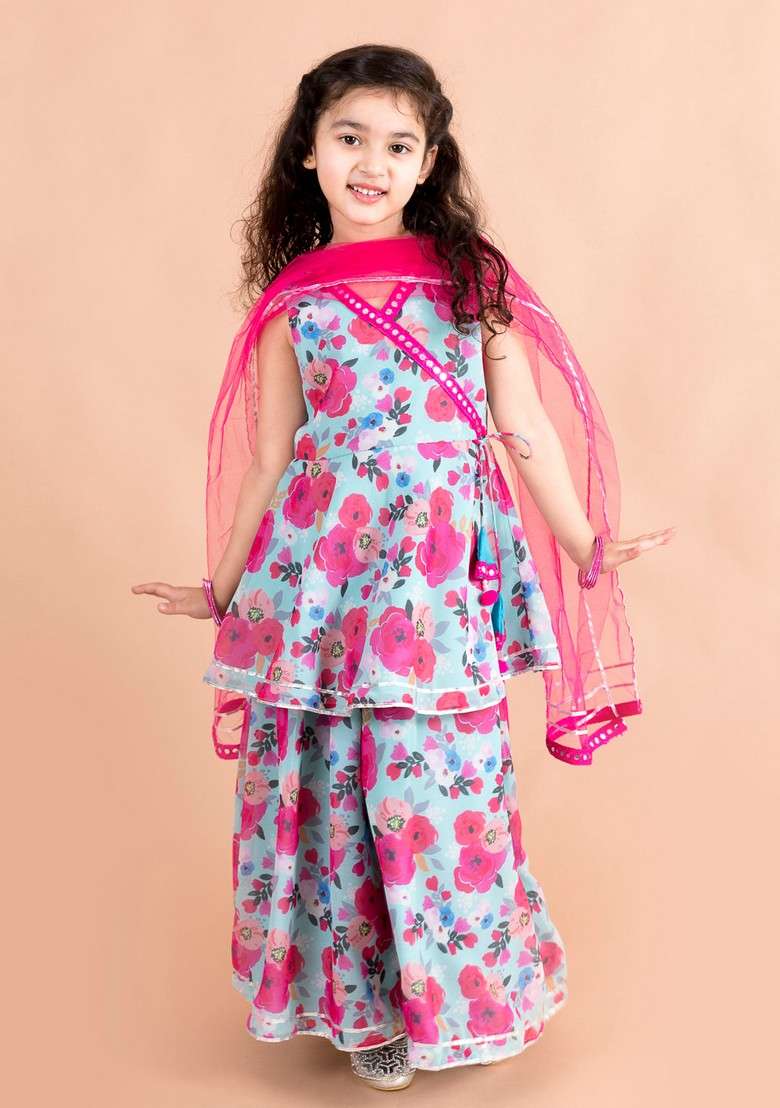 Blue Printed Kurta With Sharara And Dupatta (Set of 3) - Indya