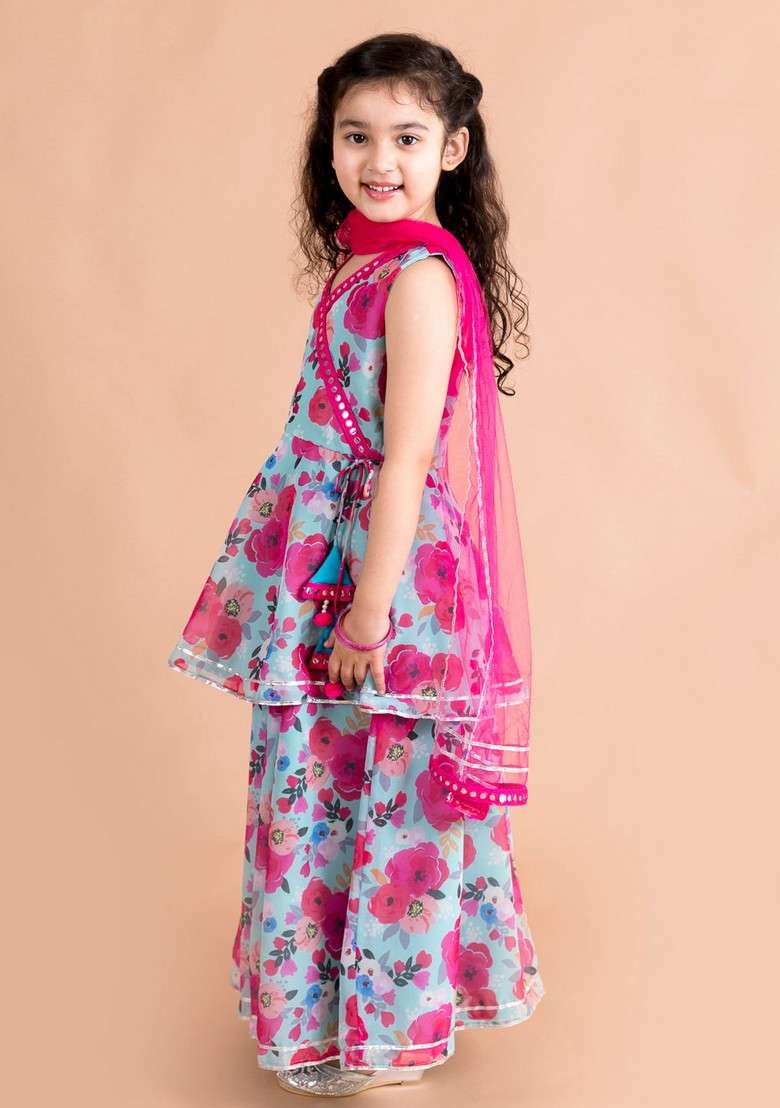 Blue Printed Kurta With Sharara And Dupatta (Set of 3) - Indya