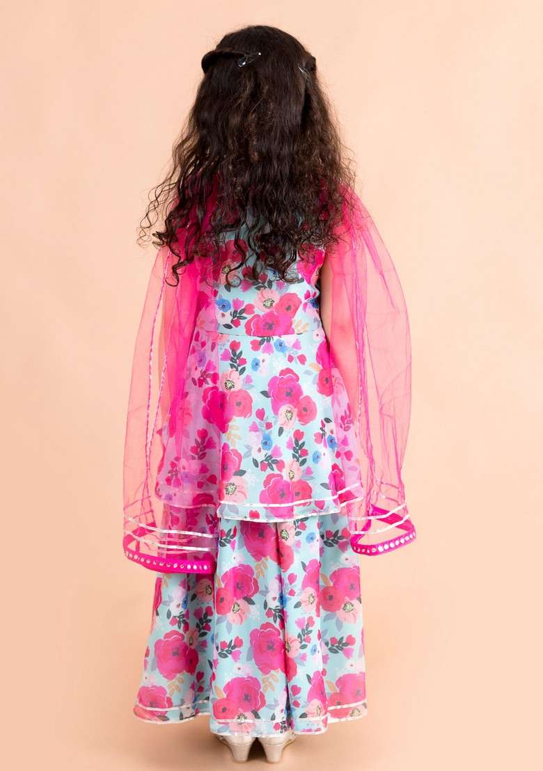 Blue Printed Kurta With Sharara And Dupatta (Set of 3) - Indya