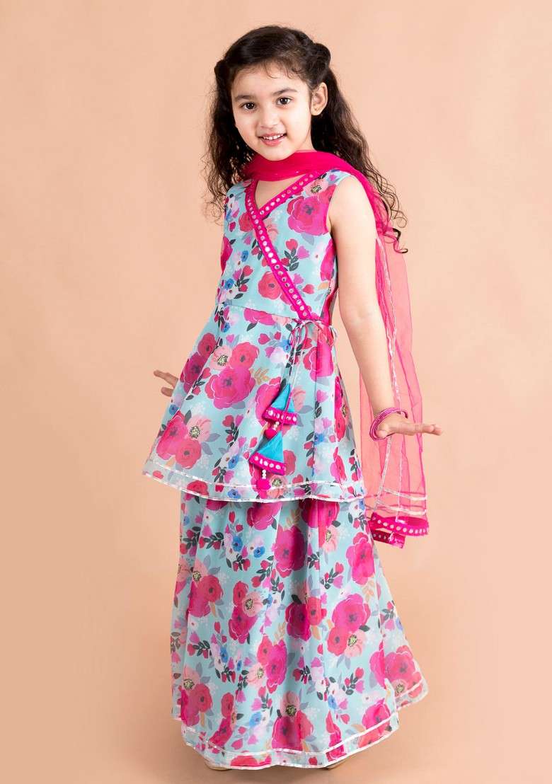 Blue Printed Kurta With Sharara And Dupatta (Set of 3) - Indya