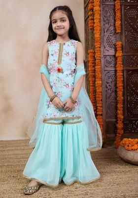 Blue Floral Print Kurta With Sharara And Dupatta (Set of 3)