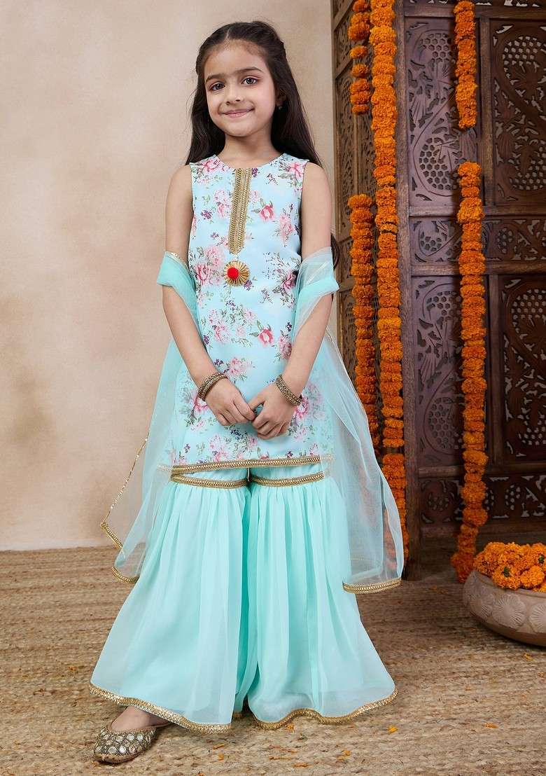 Blue Floral Print Kurta With Sharara And Dupatta (Set of 3) - Indya