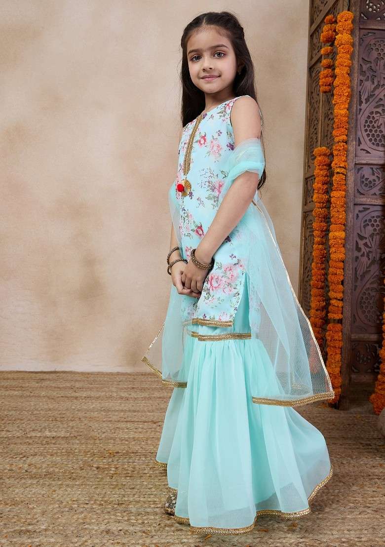 Blue Floral Print Kurta With Sharara And Dupatta (Set of 3) - Indya
