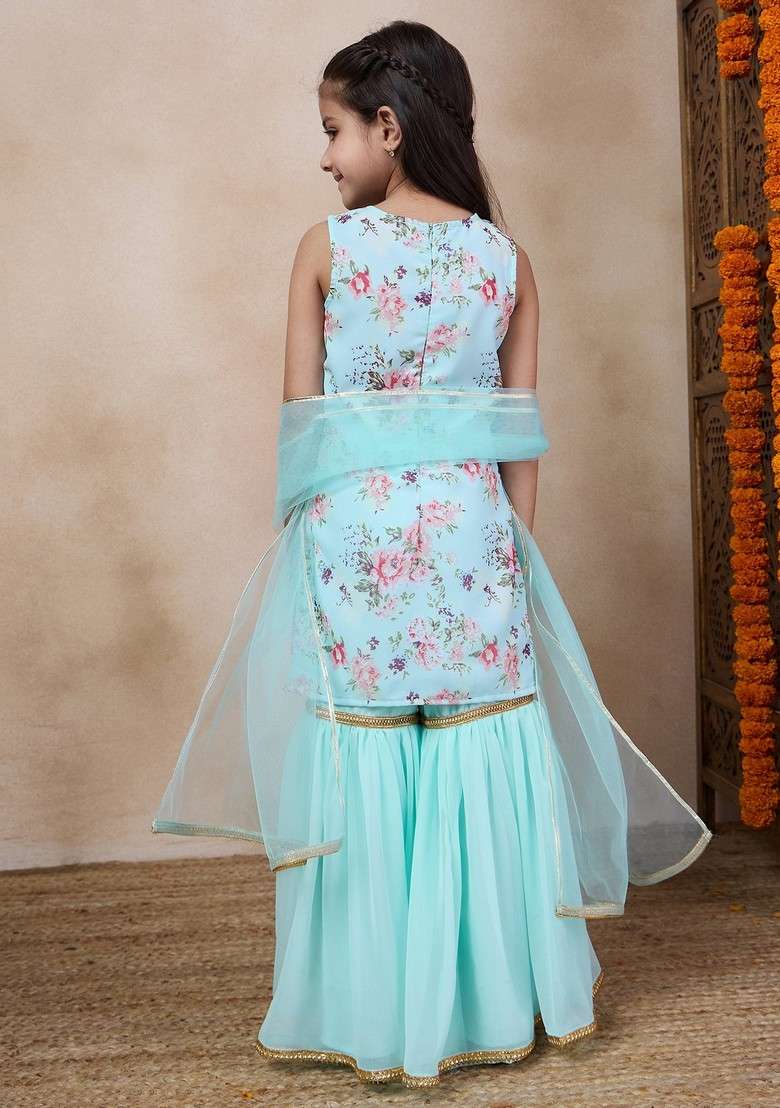 Blue Floral Print Kurta With Sharara And Dupatta (Set of 3) - Indya