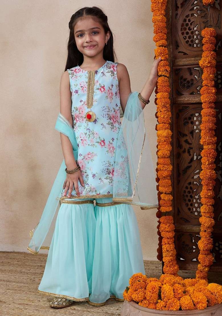Blue Floral Print Kurta With Sharara And Dupatta (Set of 3) - Indya