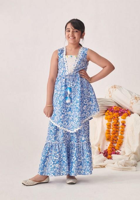 Blue Printed Kurta With Sharara (Set of 2)