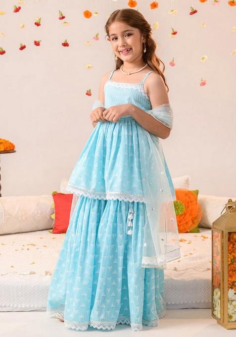 Blue Printed Kurta With Sharara (Set of 2)