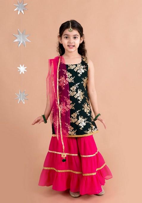 Green Printed Kurta With Sharara (Set of 2)