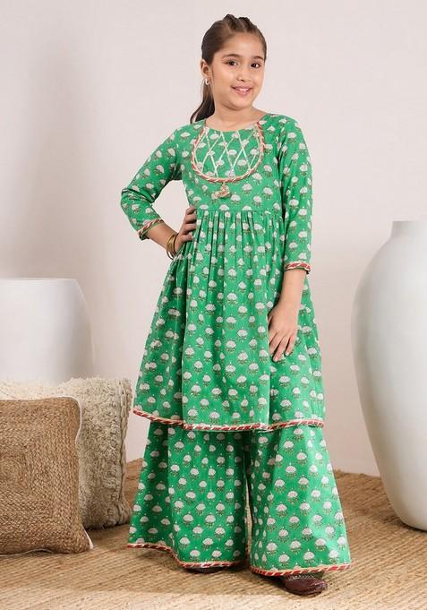 Green Printed Kurta With Sharara (Set of 2)