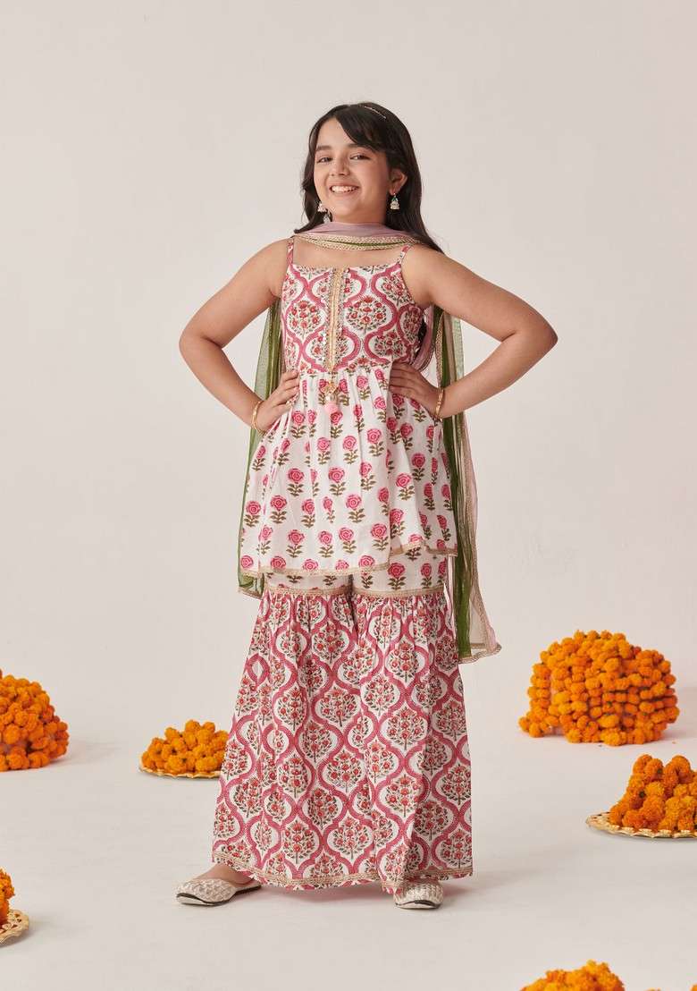Magenta Floral Print Kurta With Sharara And Dupatta (Set of 3) - Indya