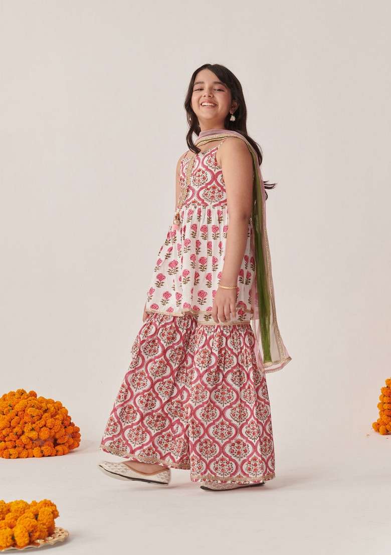 Magenta Floral Print Kurta With Sharara And Dupatta (Set of 3) - Indya