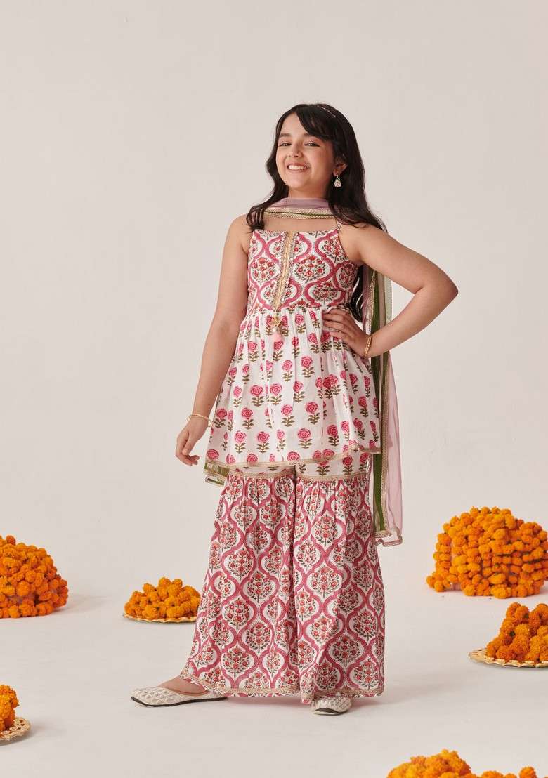 Magenta Floral Print Kurta With Sharara And Dupatta (Set of 3) - Indya