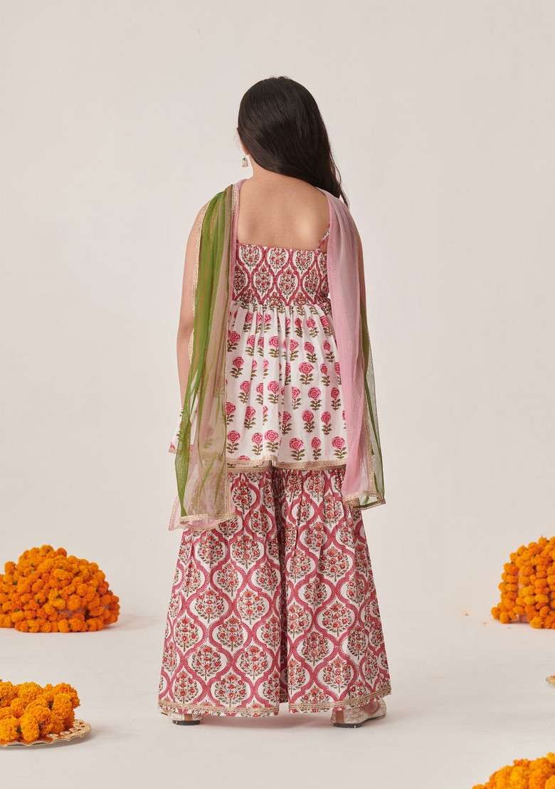 Magenta Floral Print Kurta With Sharara And Dupatta (Set of 3) - Indya