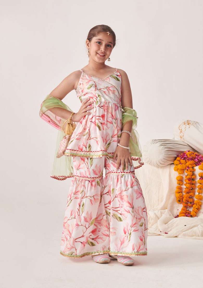 Pink Floral Print Kurta With Sharara And Dupatta (Set of 3) - Indya