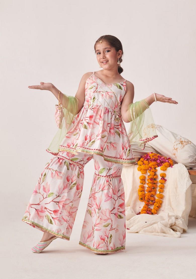 Pink Floral Print Kurta With Sharara And Dupatta (Set of 3)