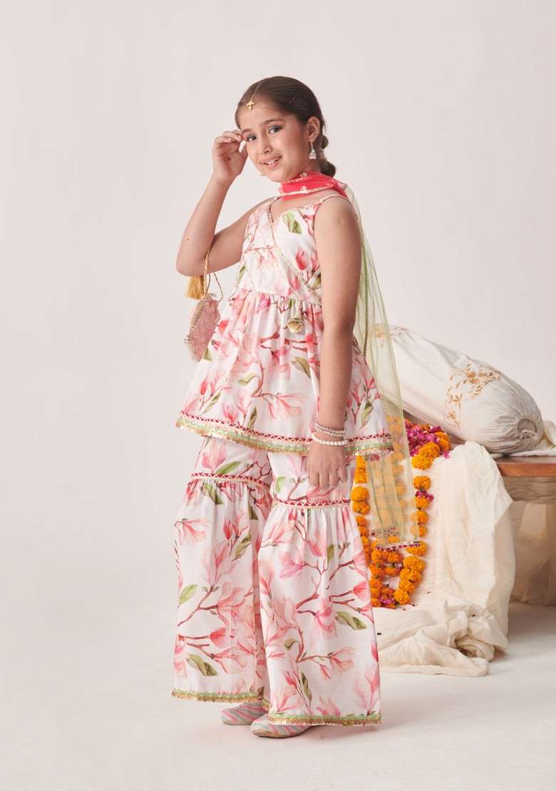 Pink Floral Print Kurta With Sharara And Dupatta (Set of 3) - Indya