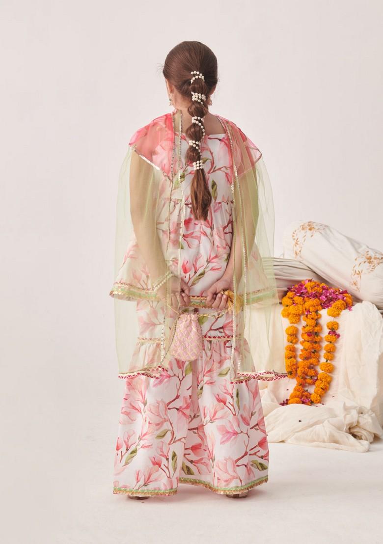 Pink Floral Print Kurta With Sharara And Dupatta (Set of 3)