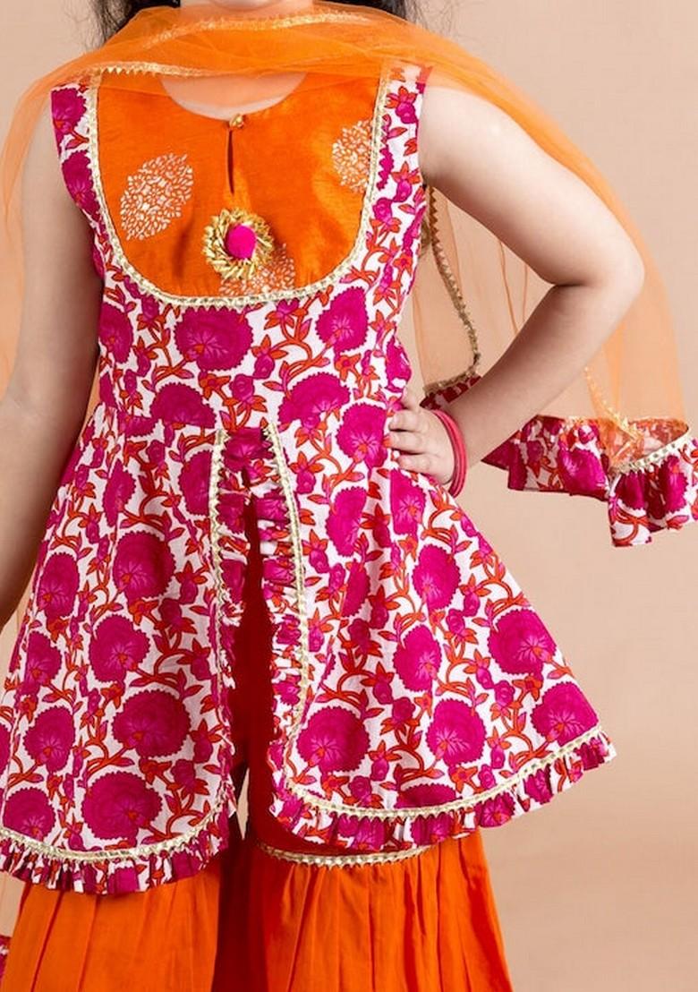 Orange Printed Kurta With Sharara (Set of 2)