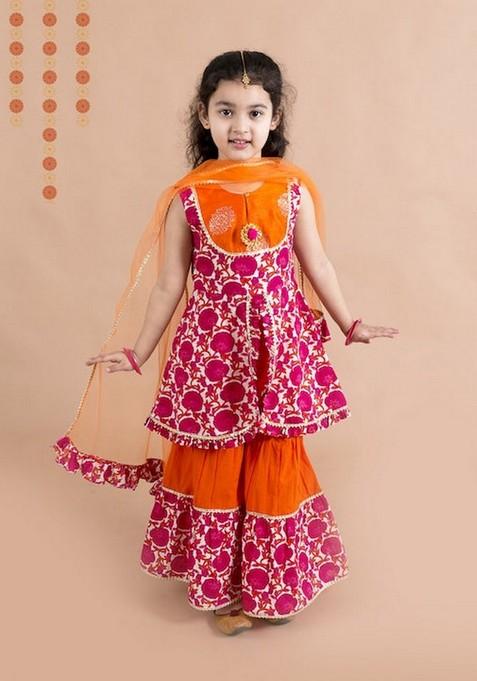 Orange Printed Kurta With Sharara (Set of 2)