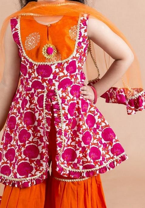 Orange Printed Kurta With Sharara (Set of 2)