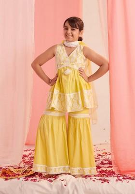 Lime Green Printed Kurta With Sharara And Dupatta (Set of 3)