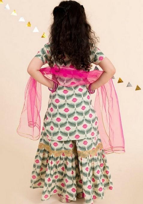 White Kurta With Sharara And Dupatta (Set of 3)