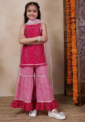 Magenta Printed Kurta With Sharara And Dupatta (Set of 3)