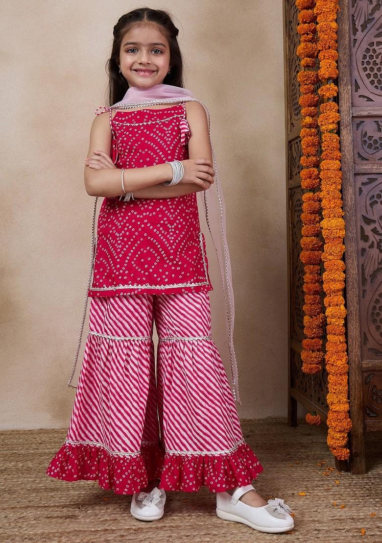 Magenta Printed Kurta With Sharara And Dupatta (Set of 3)