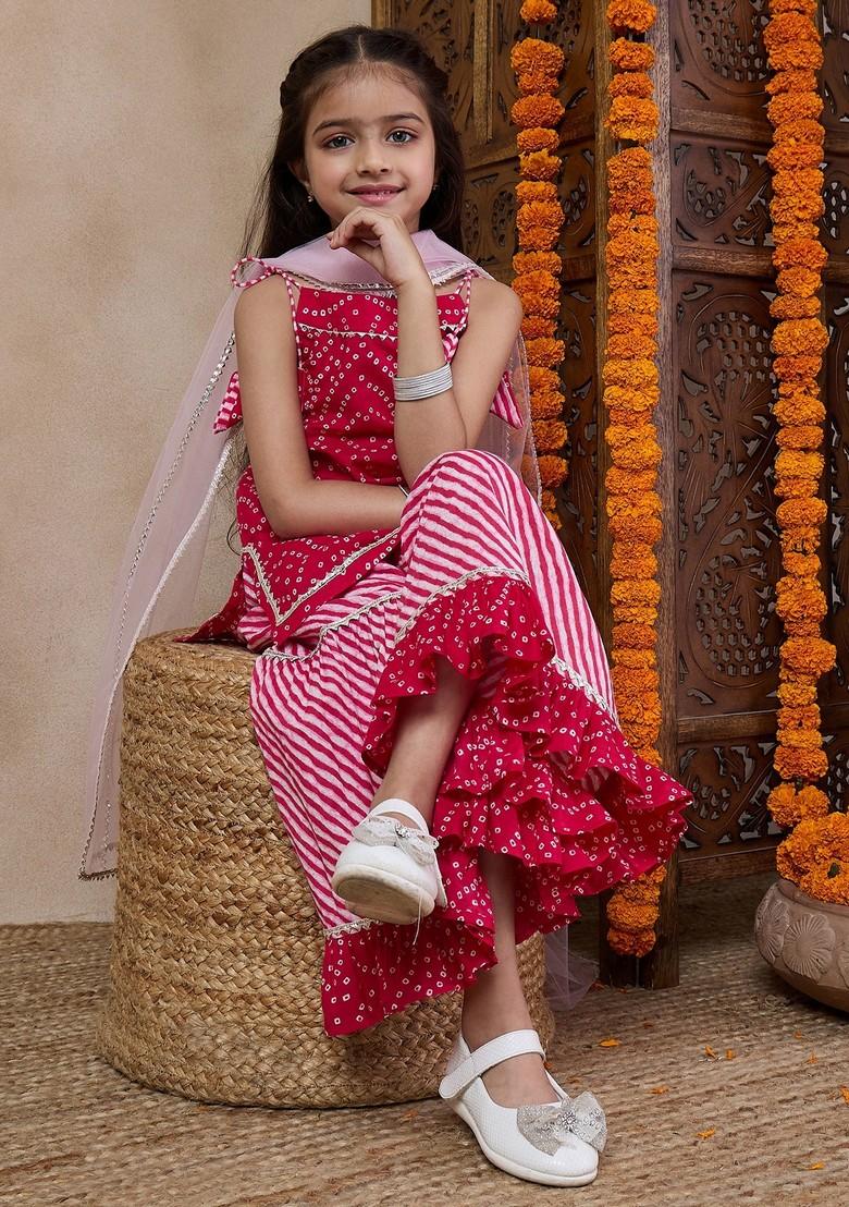 Magenta Printed Kurta With Sharara And Dupatta (Set of 3)