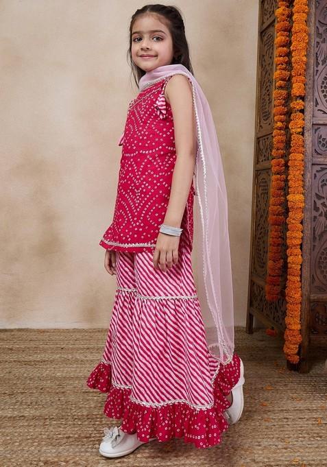 Magenta Printed Kurta With Sharara And Dupatta (Set of 3)