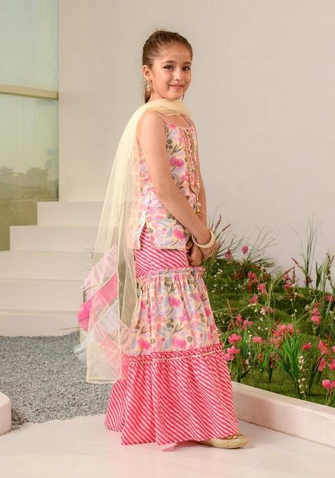 Yellow Printed Kurta With Sharara And Dupatta (Set of 3)