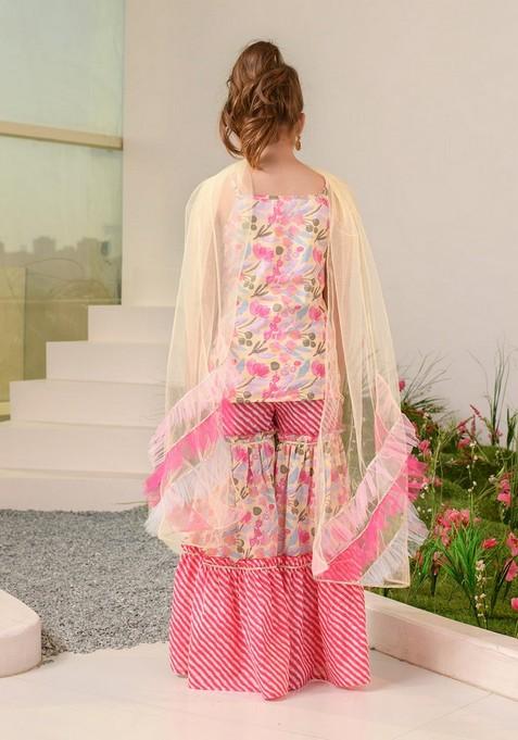 Yellow Printed Kurta With Sharara And Dupatta (Set of 3)