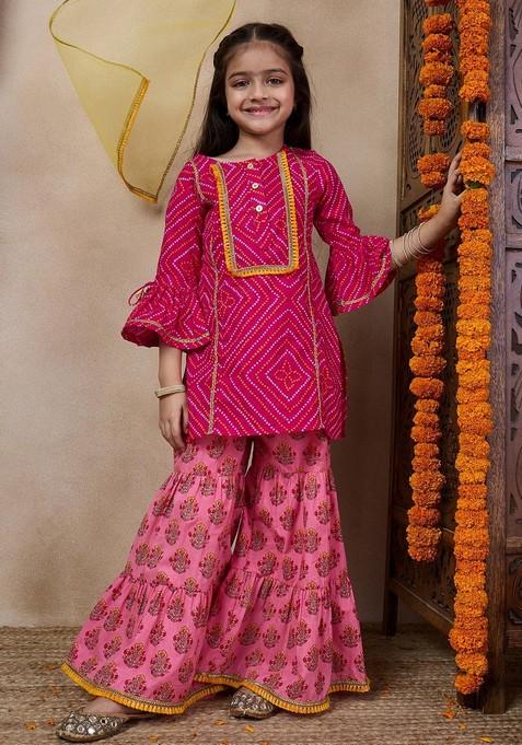 Magenta Printed Kurta With Sharara And Dupatta (Set of 3)