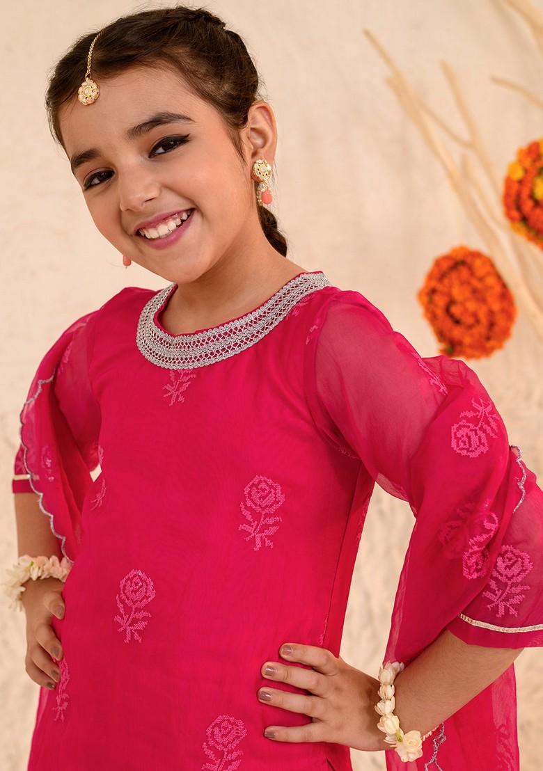 Magenta Printed Kurta With Sharara And Dupatta (Set of 3)