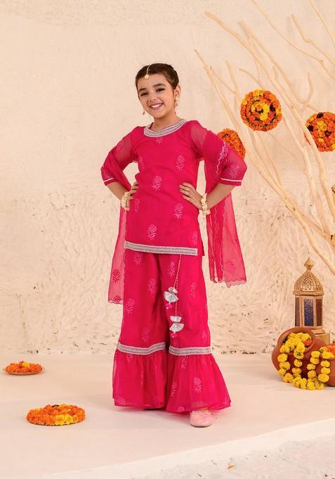 Magenta Printed Kurta With Sharara And Dupatta (Set of 3)