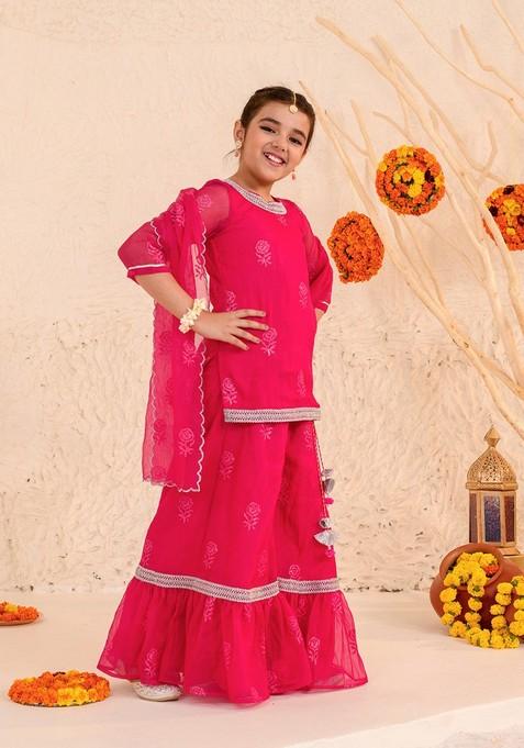 Magenta Printed Kurta With Sharara And Dupatta (Set of 3)