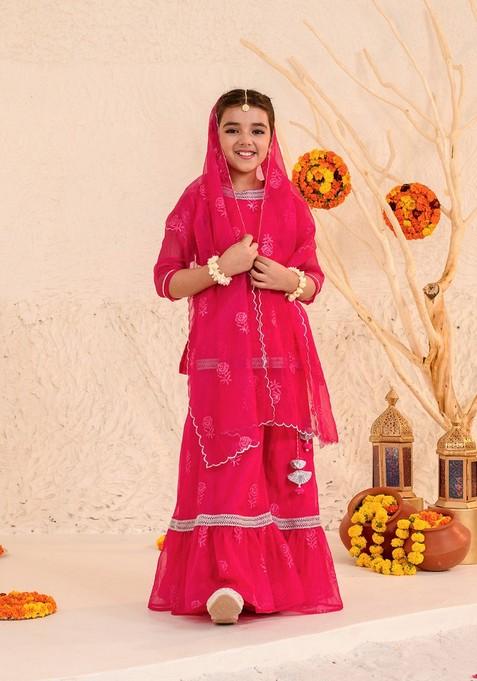 Magenta Printed Kurta With Sharara And Dupatta (Set of 3)