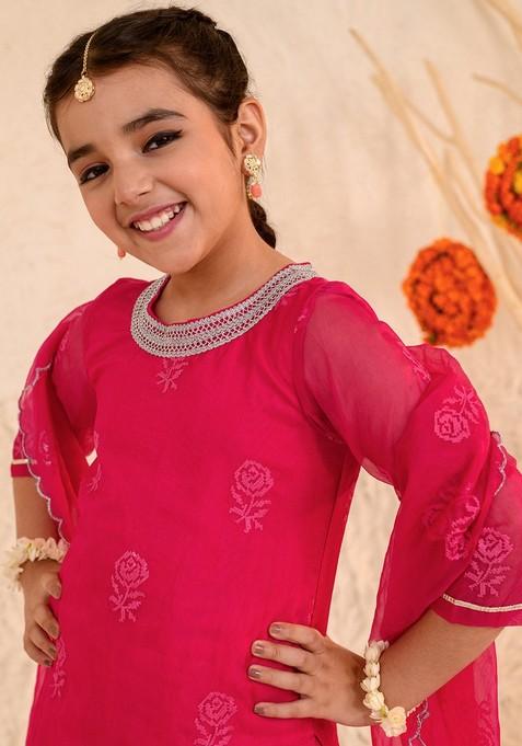 Magenta Printed Kurta With Sharara And Dupatta (Set of 3)