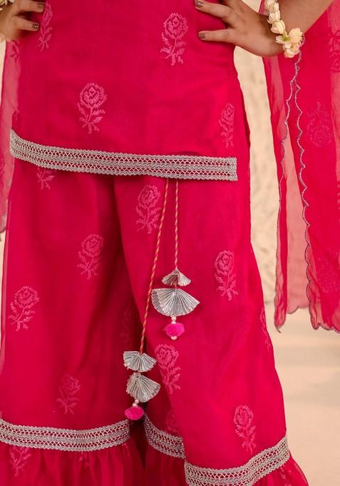 Magenta Printed Kurta With Sharara And Dupatta (Set of 3)