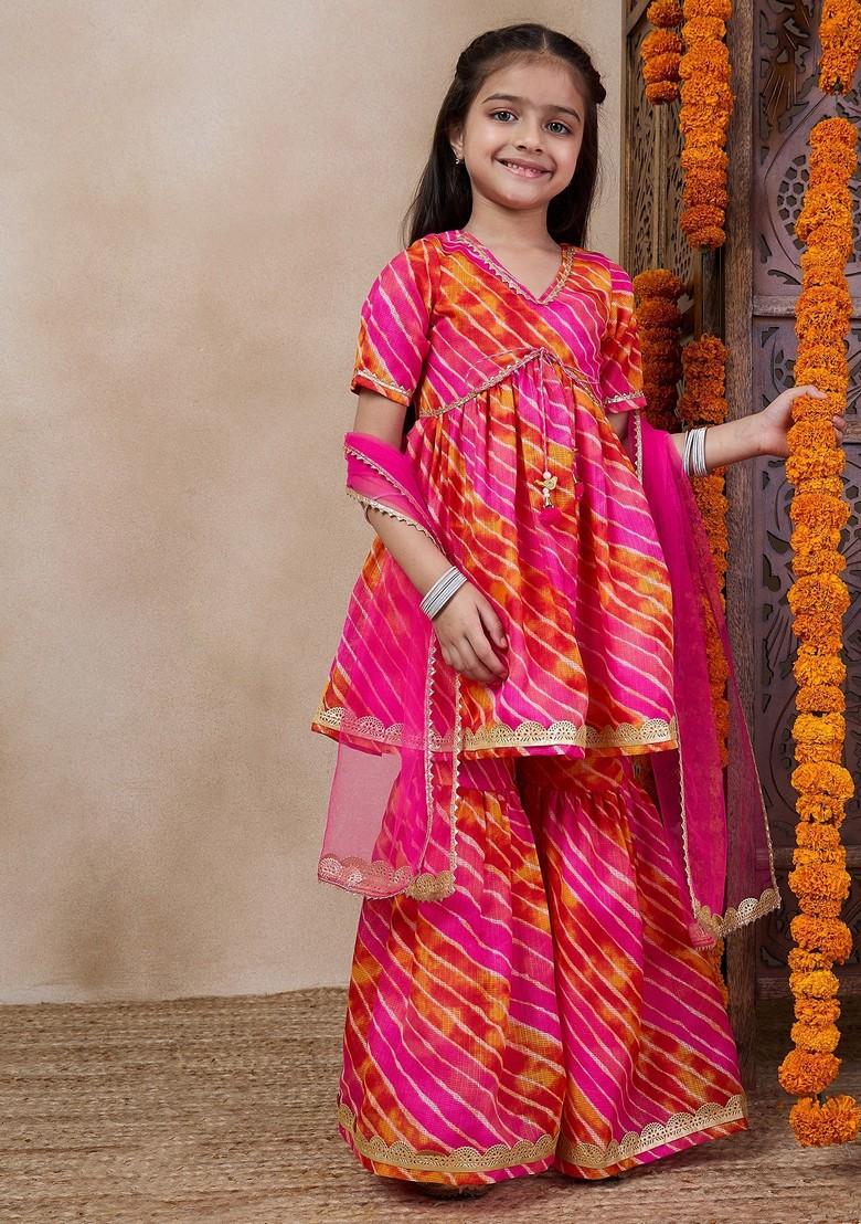 Magenta Printed Kurta With Sharara And Dupatta (Set of 3)