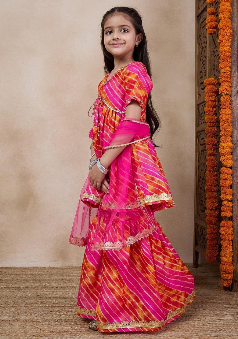 Magenta Printed Kurta With Sharara And Dupatta (Set of 3)