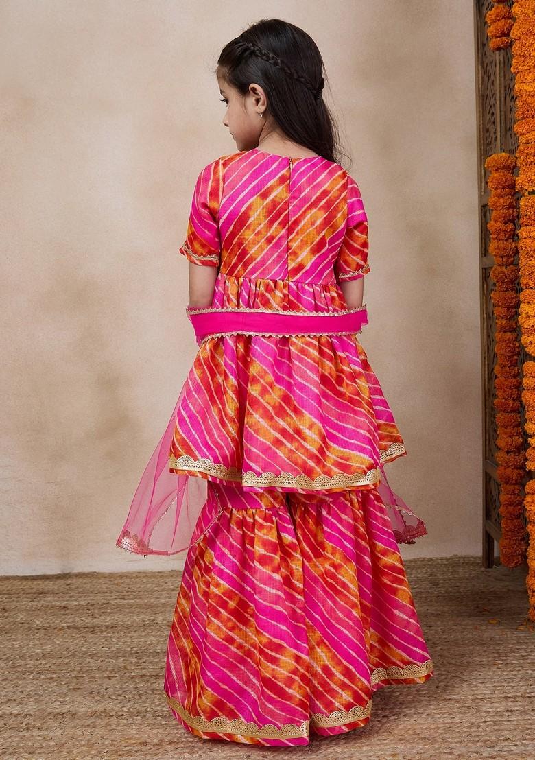 Magenta Printed Kurta With Sharara And Dupatta (Set of 3) - Indya