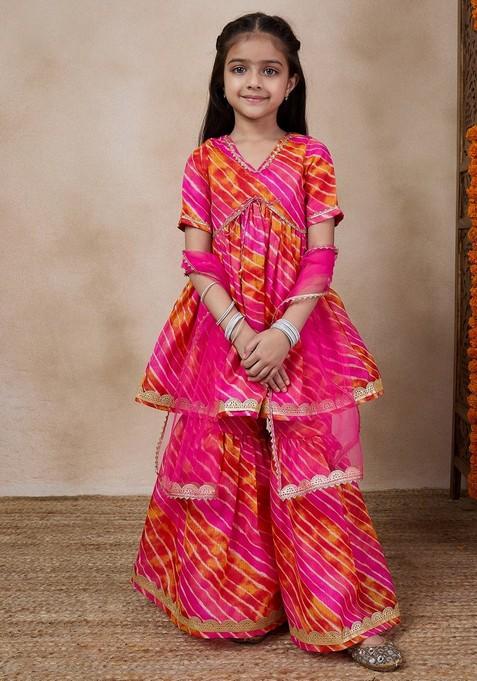 Magenta Printed Kurta With Sharara And Dupatta (Set of 3)