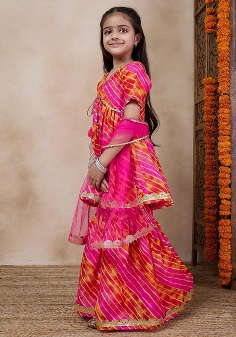 Magenta Printed Kurta With Sharara And Dupatta (Set of 3)