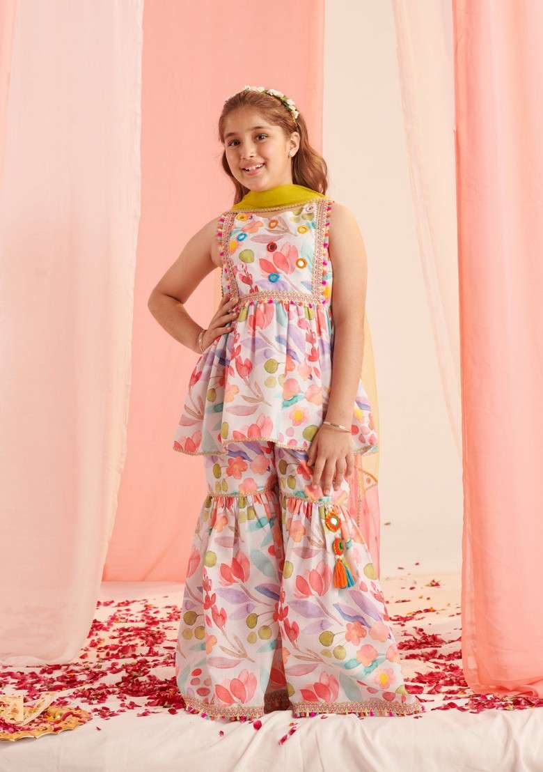 Multicolour Printed Kurta With Sharara And Dupatta (Set of 3) - Indya