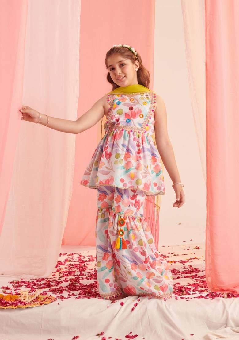 Multicolour Printed Kurta With Sharara And Dupatta (Set of 3) - Indya