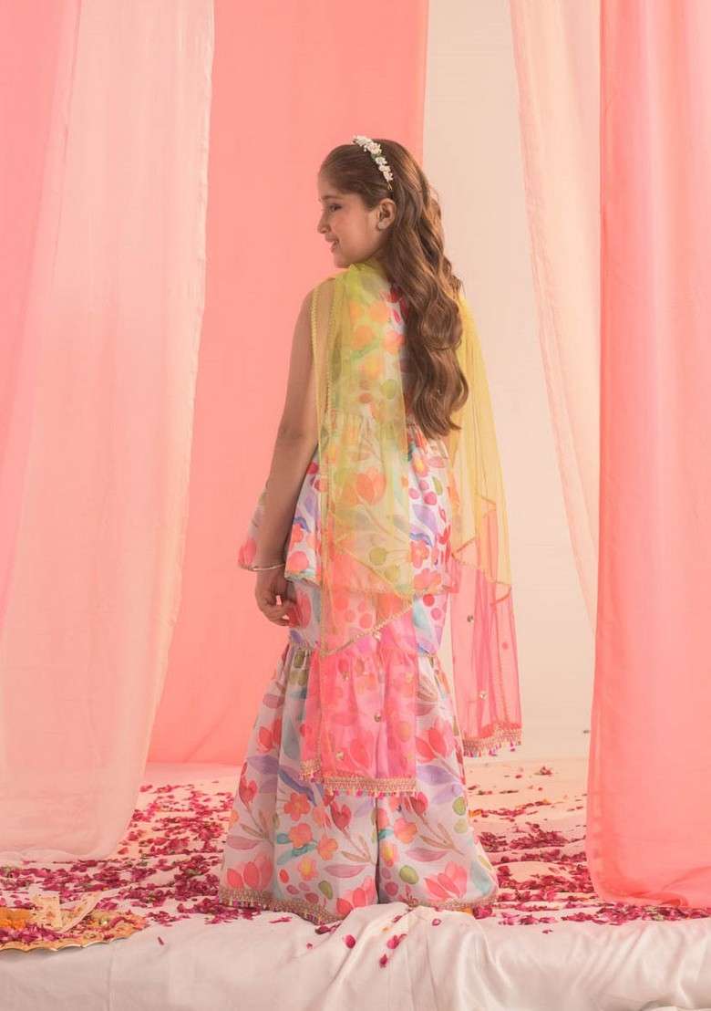 Multicolour Printed Kurta With Sharara And Dupatta (Set of 3) - Indya
