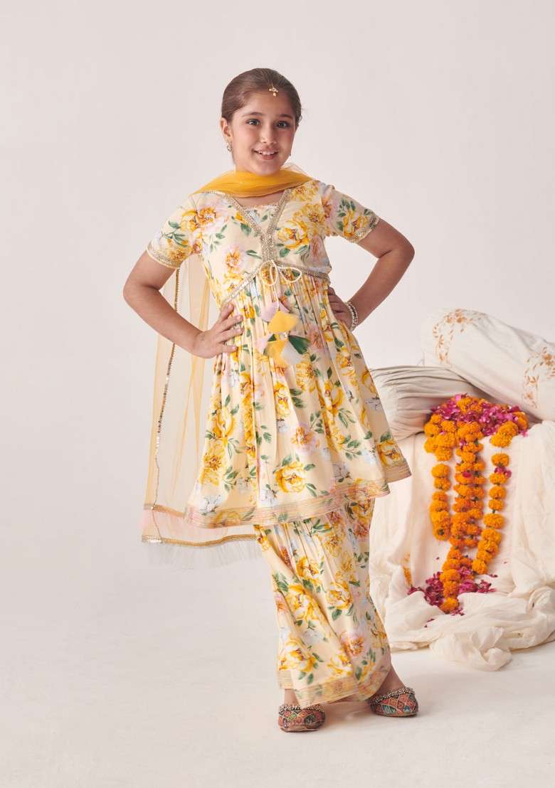 Off White Printed Kurta With Sharara And Dupatta (Set of 3) - Indya