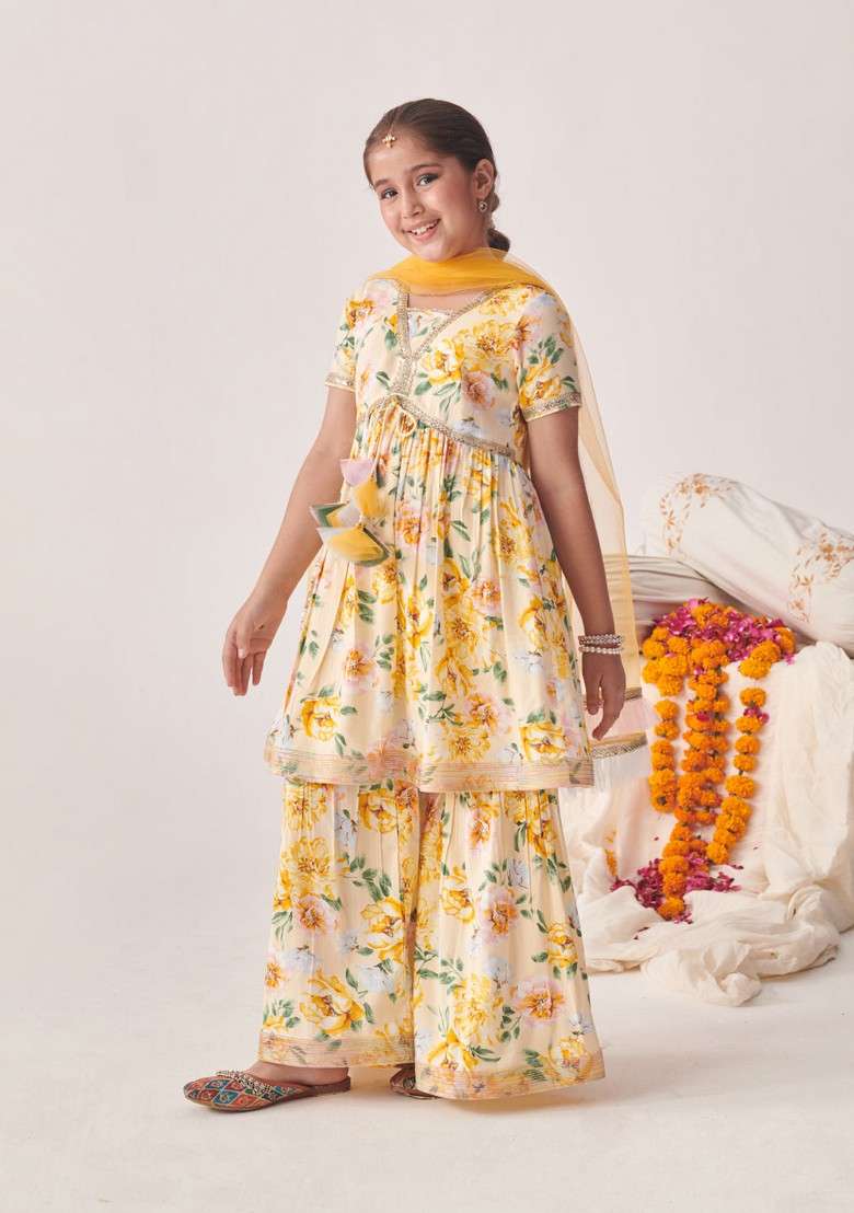 Off White Printed Kurta With Sharara And Dupatta (Set of 3) - Indya