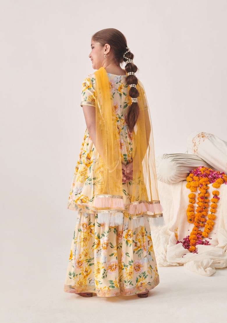 Off White Printed Kurta With Sharara And Dupatta (Set of 3) - Indya